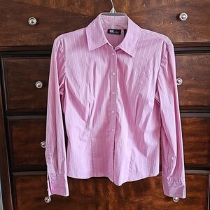 INC Stretch Button Down Shirt, Pink w/White Stripes, Size 6